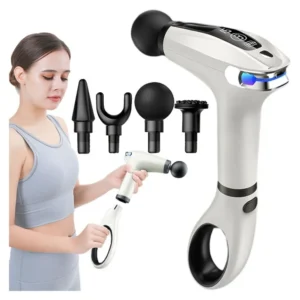 Aparat pentru Masaj Profesional Tip Pistol, 8 Viteze, 4 Capete Interschimbabile, Masaj Muscular, Anticelulitic, 3200 Percutii/Minut, Portabil, Silentios, Alb Perlat, Impact Vision®